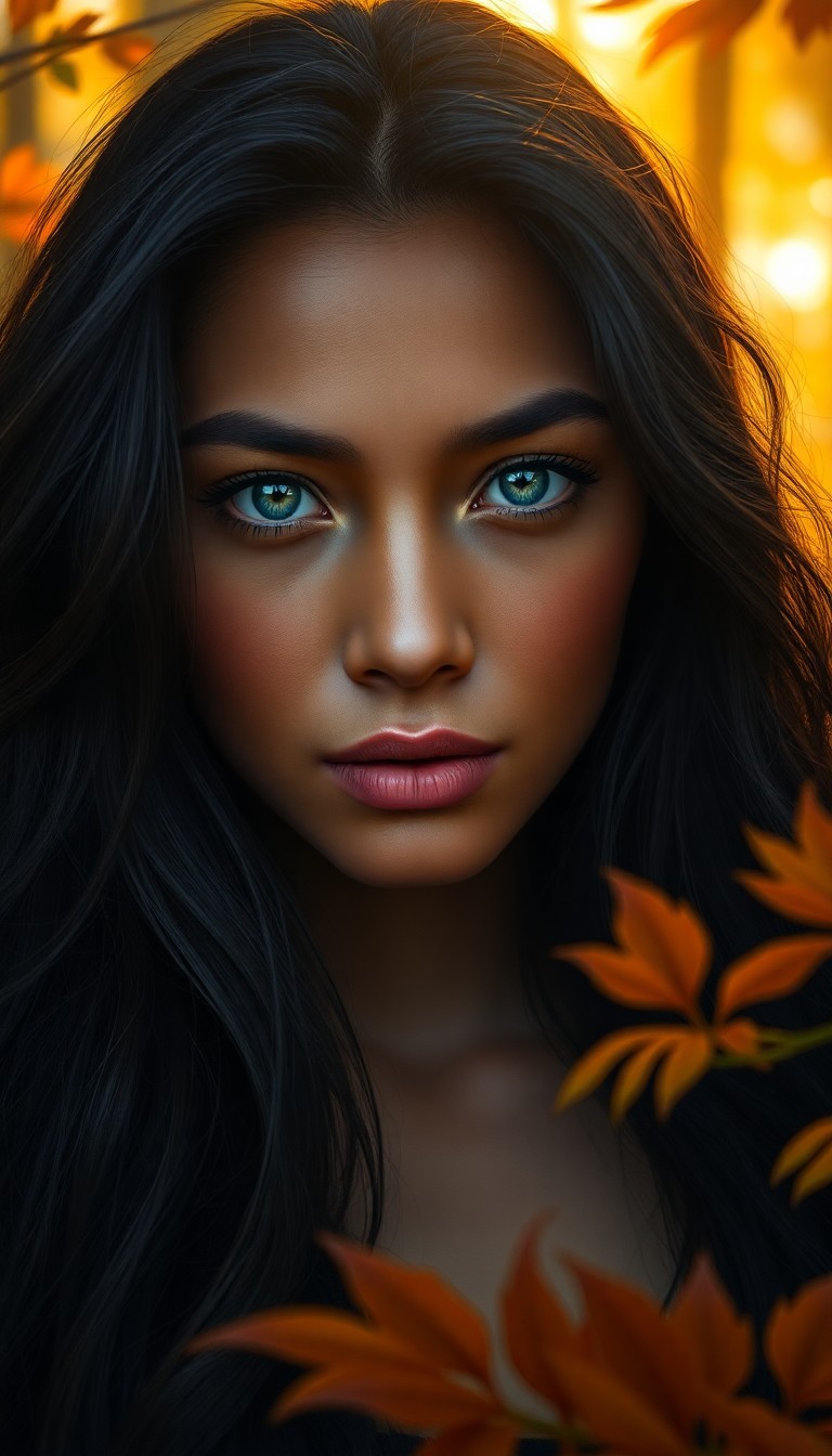 AI generated art for prompt: Create a hyperrealistic portrait of a Pacific Islander woman with warm blue eyes and flowing raven h