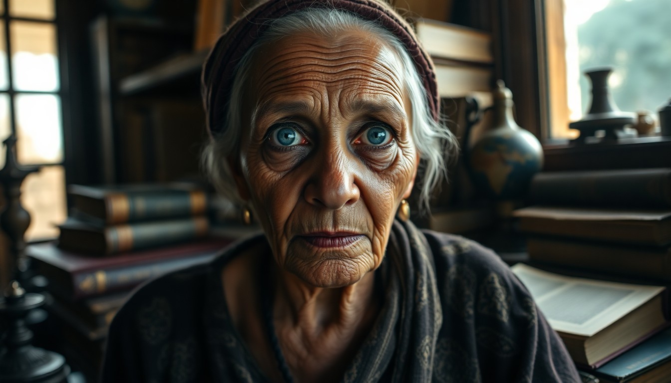 AI generated art for prompt: Imagine a portrait photograph of an enigmatic old woman from Sub-Saharan Africa. She has tender blue