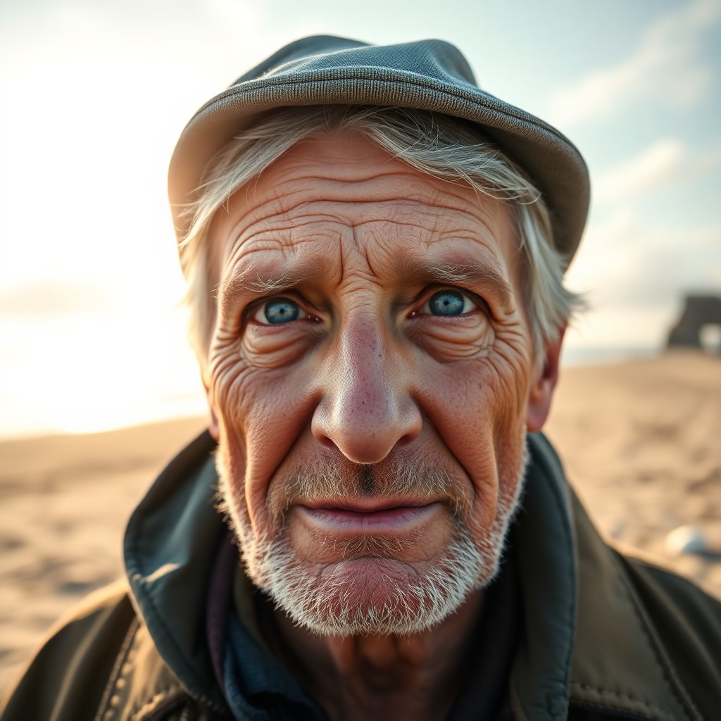 AI generated art for prompt: A highly detailed portrait photograph captures a 65-year-old fisherman with tranquil blue eyes and s