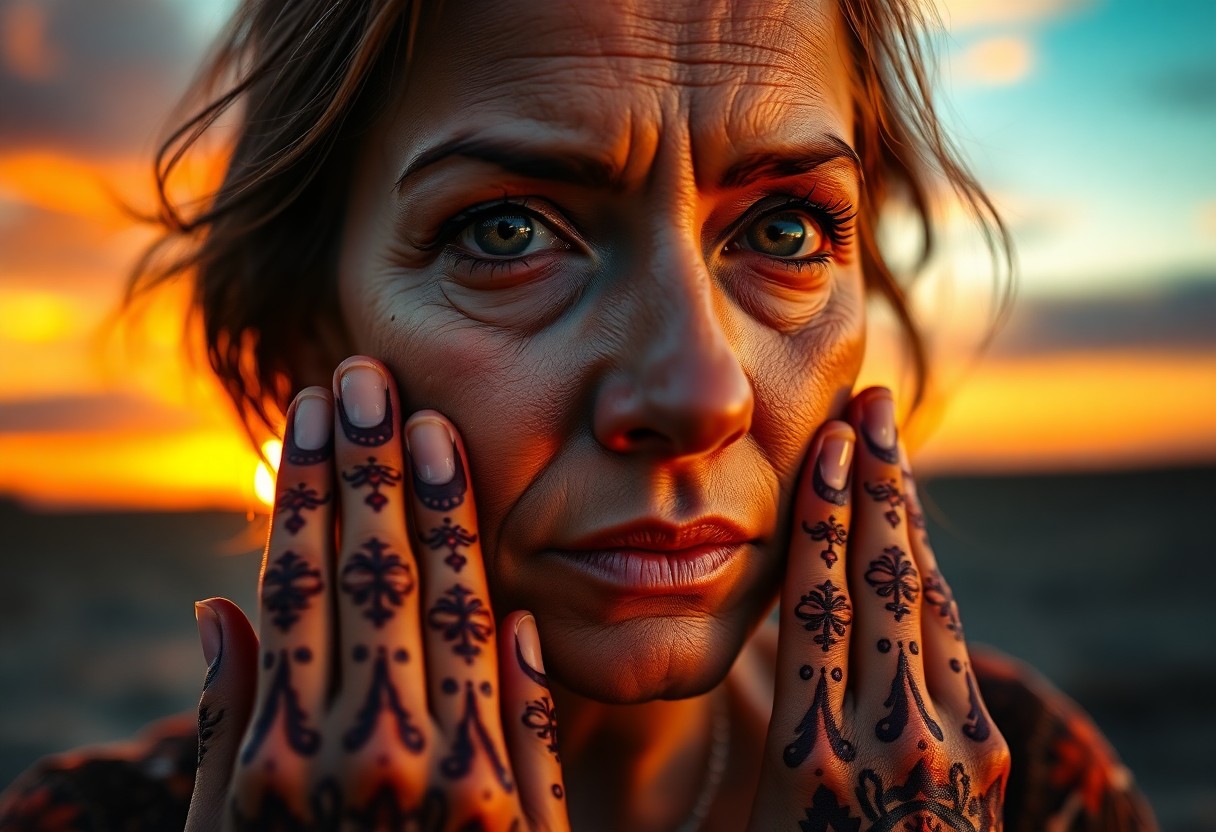 AI generated art for prompt: A captivating photorealistic portrait depicts a middle-aged Nordic woman with deep, soulful brown ey