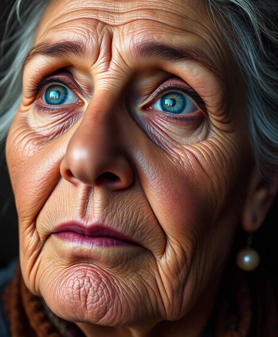 AI generated art for prompt: Create a hyperrealistic portrait of an older Hispanic woman with striking blue eyes. Capture her gaz