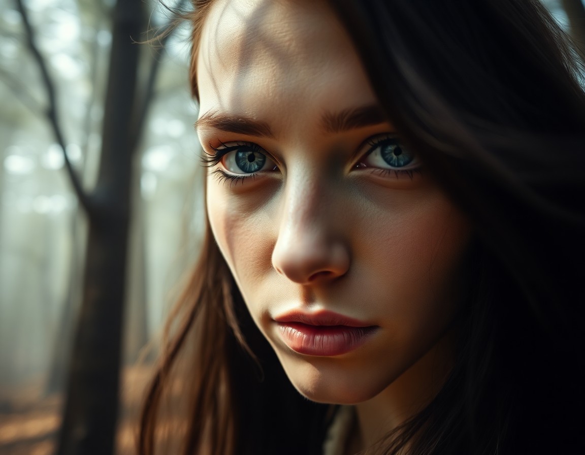 AI generated art for prompt: A captivating portrait of an enigmatic woman with deep blue eyes and flowing raven hair, set in a mi