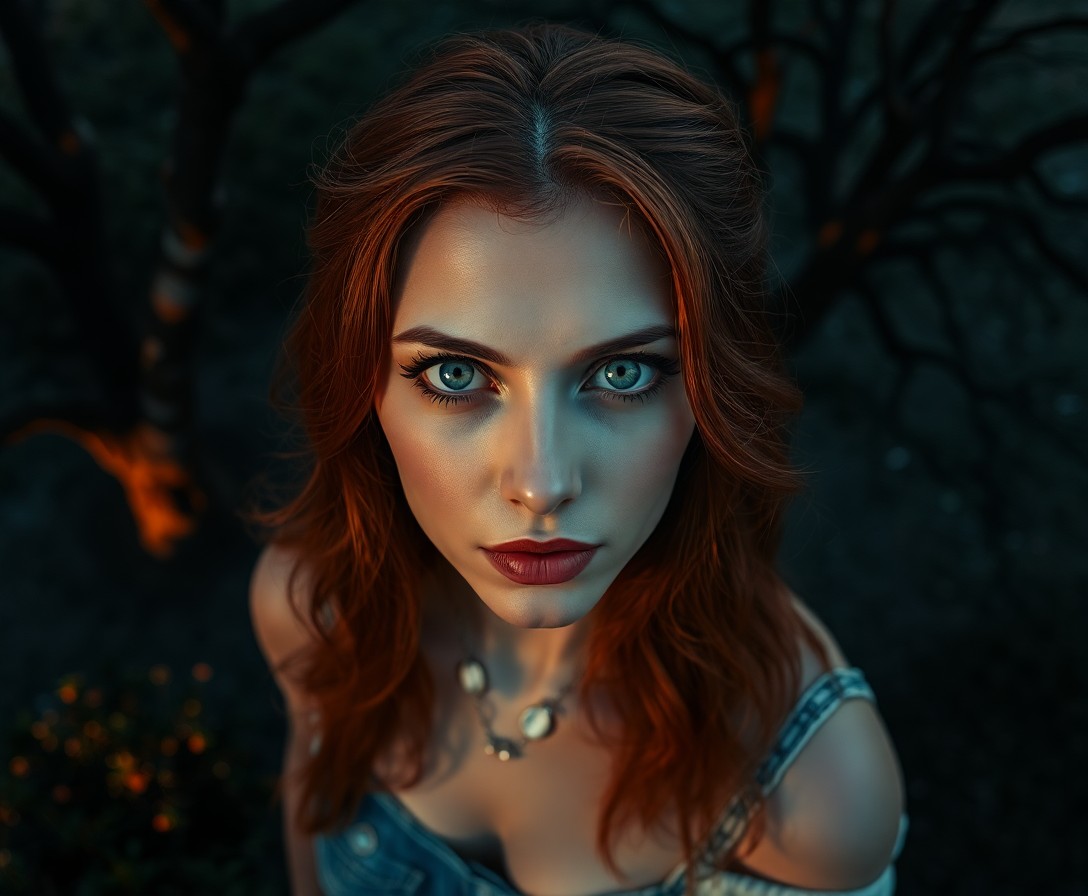 AI generated art for prompt: A portrait of an enigmatic Hispanic woman with hazy blue eyes and fiery red hair emerges from the ba