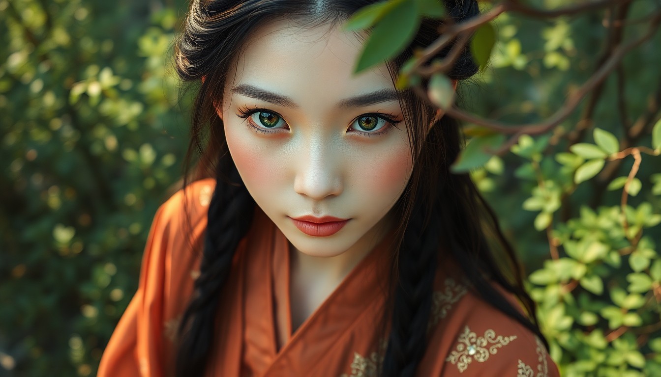 AI generated art for prompt: Create a mesmerizing portrait of an East Asian woman with distant, green eyes and raven-black hair a