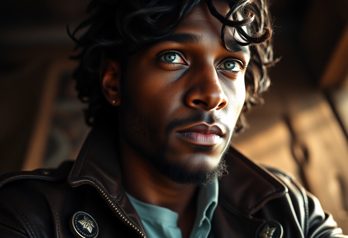 AI generated art for prompt: Create a photorealistic portrait of a captivating 28-year-old Caribbean man with piercing green eyes