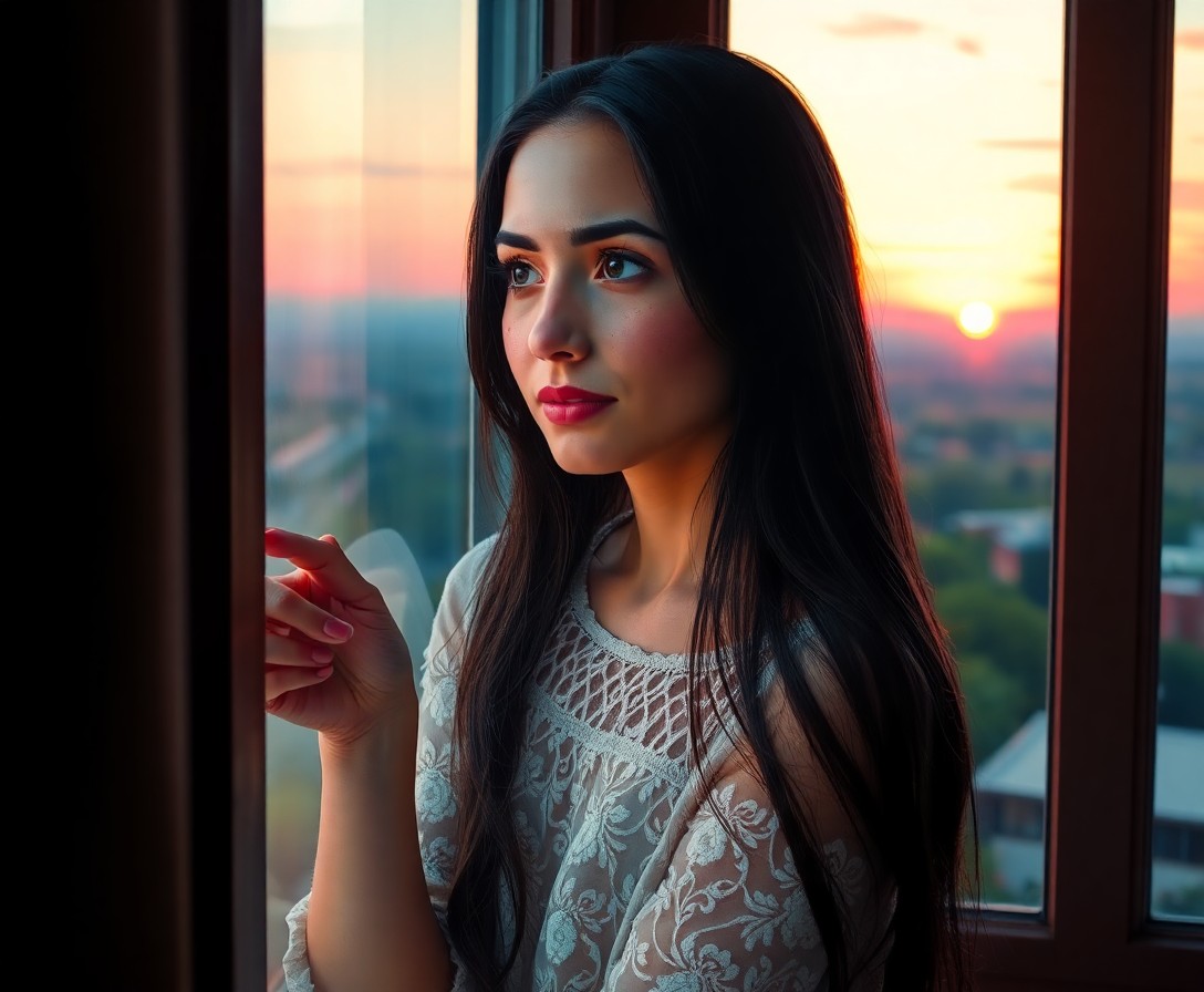 AI generated art for prompt: Create an impressionist-inspired portrait of a Central Asian woman gazing out of a window at sunset.