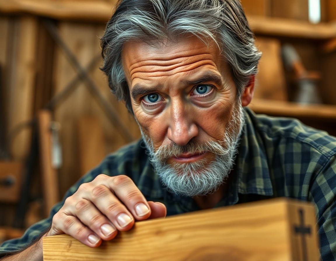 AI generated art for prompt: Imagine a hyper-realistic portrait capturing the essence of a seasoned woodworker, his face a testam