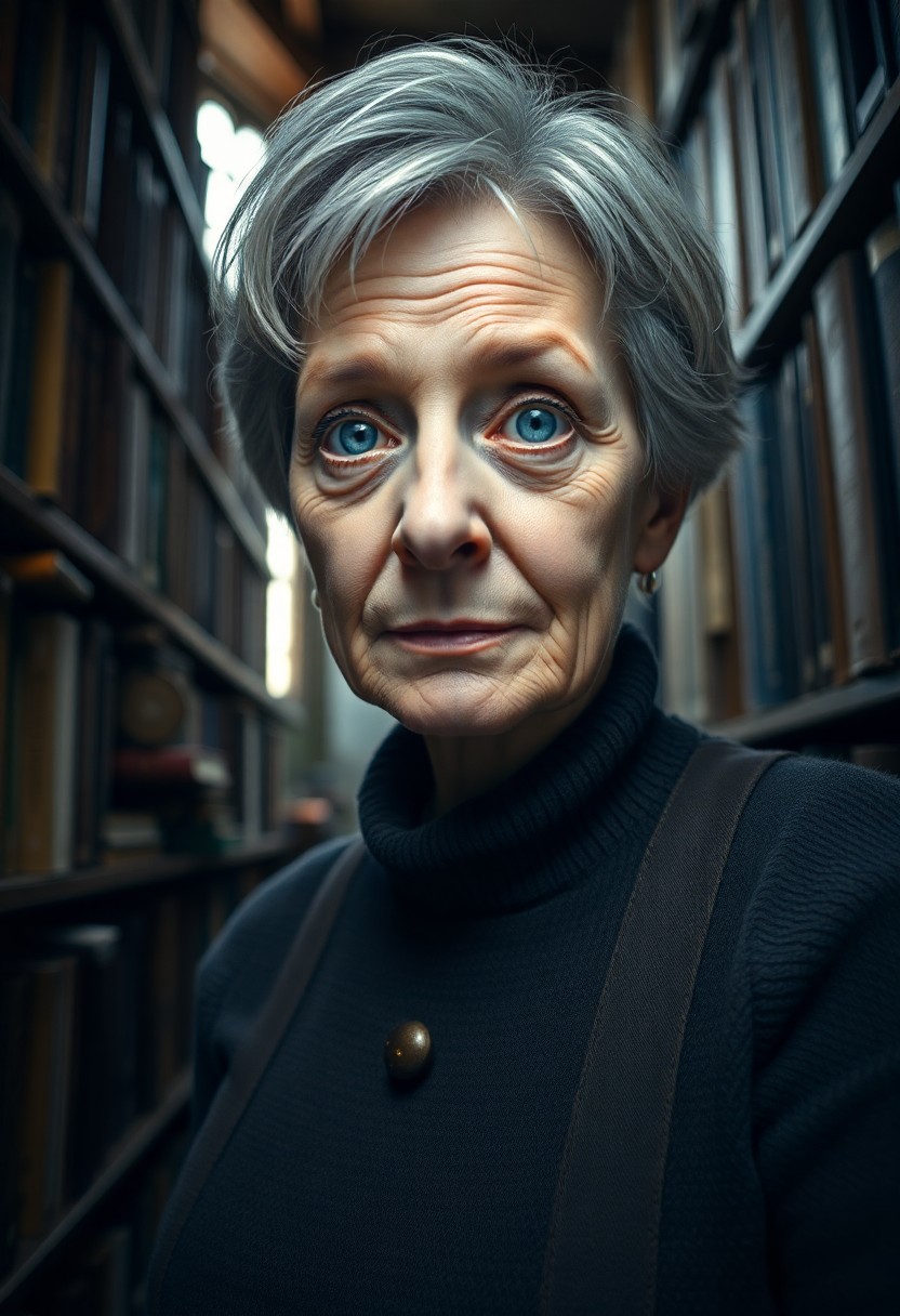 AI generated art for prompt: A highly realistic portrait of a reclusive small-village librarian with short gray hair framing her 