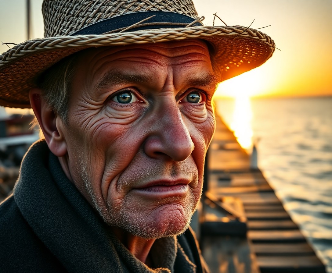 AI generated art for prompt: A highly detailed portrait photograph captures a weathered fisherman. Deep wrinkles etch his face, a