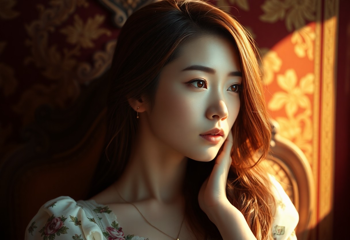 AI generated art for prompt: Imagine a portrait photograph of an enigmatic yet captivating East Asian woman, styled as a Renaissa