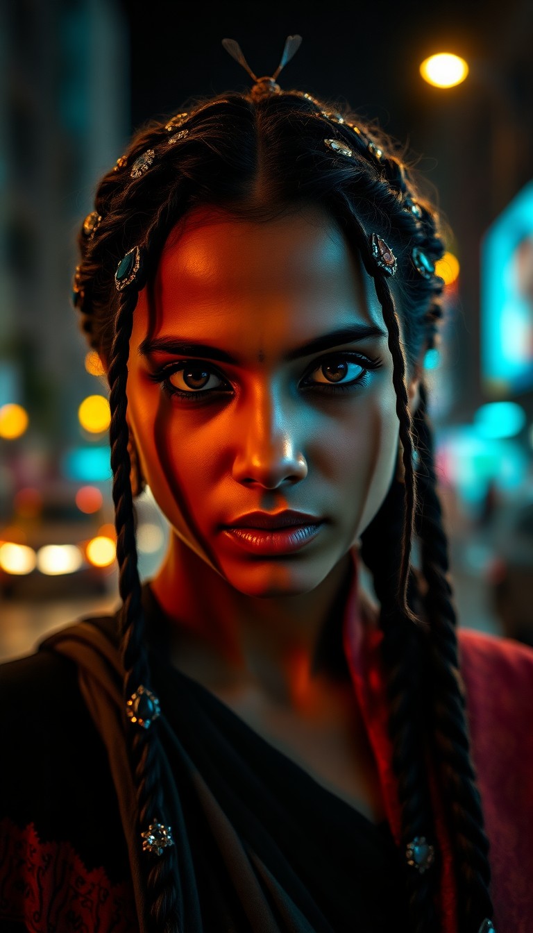 AI generated art for prompt: Observe an enigmatic South Asian woman in a captivating portrait, captured from an unconventional an