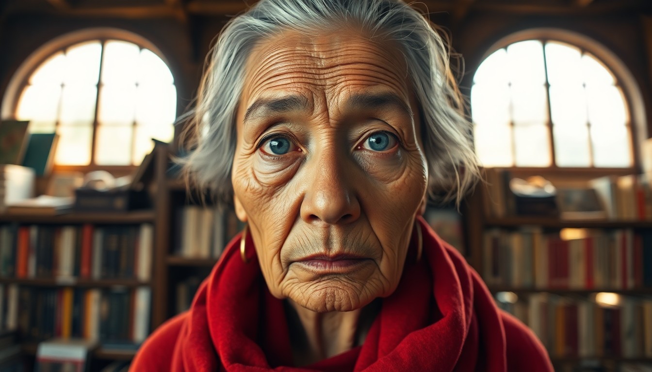 AI generated art for prompt: A highly detailed portrait of an enigmatic elderly Pacific Islander woman with distant blue eyes eme