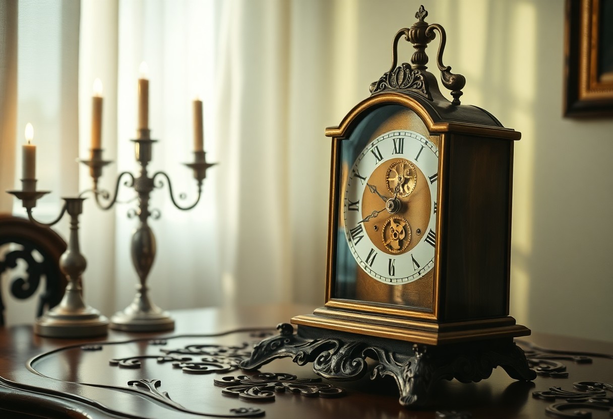 AI generated art for prompt: Create an image of a hyperrealistic still life with a surreal twist: a solitary antique clock, its b