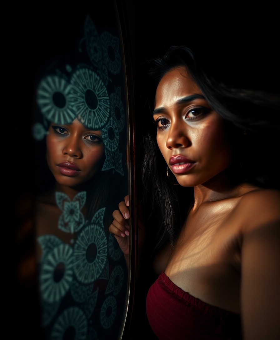 AI generated art for prompt: A portrait photograph, taken from a first-person perspective, captures an enigmatic female figure wi