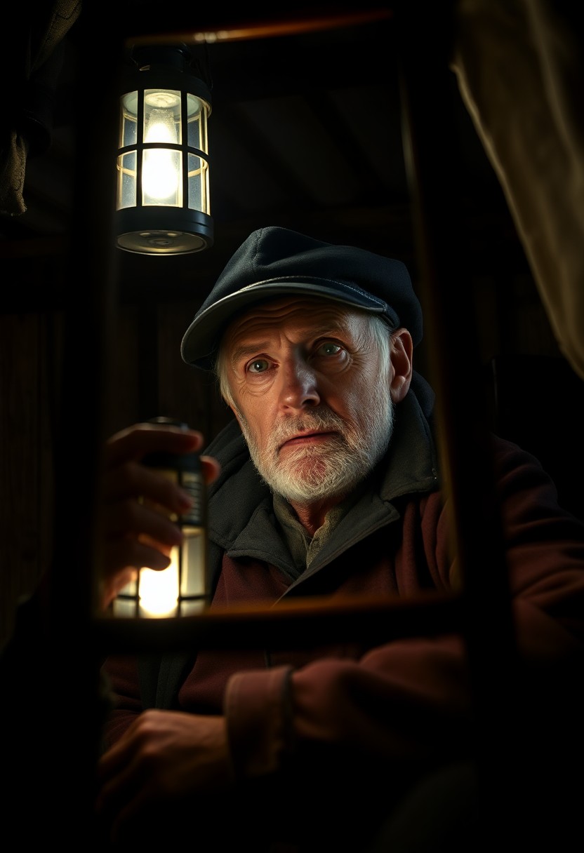 AI generated art for prompt: Create a portrait photograph that captures the soulful gaze of an enigmatic old sailor, illuminated 