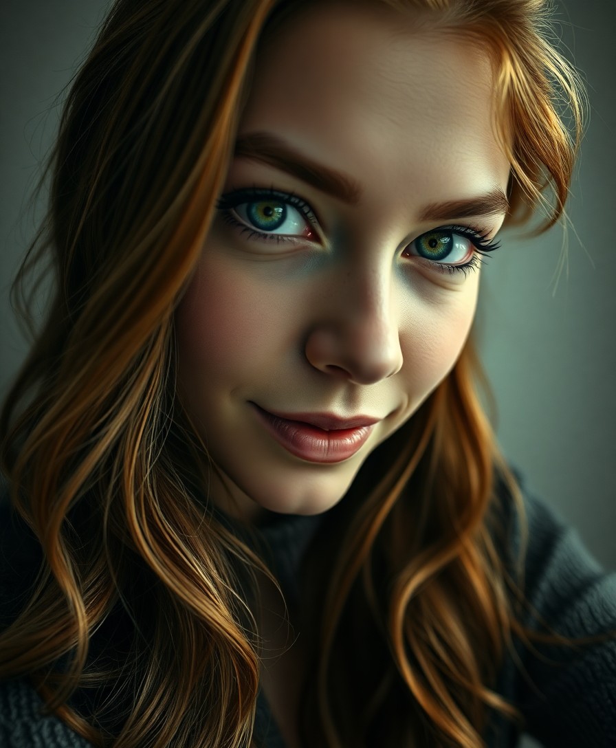 AI generated art for prompt: Craft a photorealistic portrait showcasing a mesmerizing female subject with an intriguing low-angle