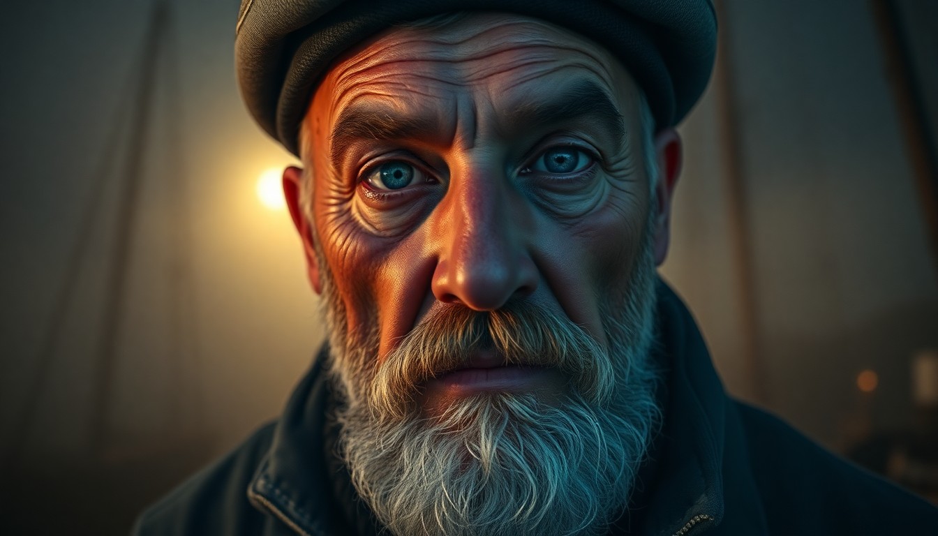 AI generated art for prompt: Capture a striking portrait of an old-school sailor with placid blue eyes and a graying beard. His e