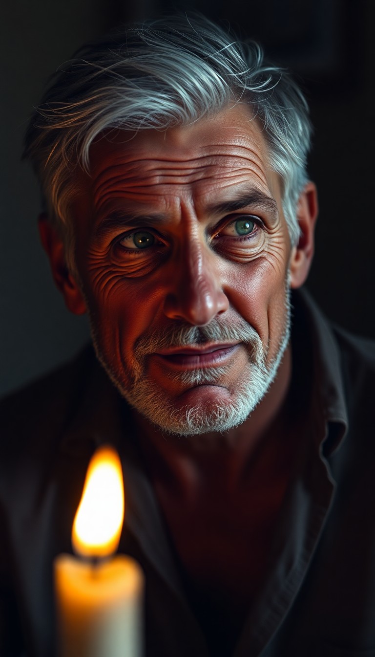 AI generated art for prompt: A rustic-looking man with silver hair and captivating green eyes sits in a dimly lit room. The warm 