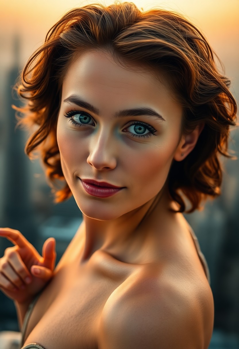 AI generated art for prompt: Create an image of a captivating individual with gentle green eyes, wavy chestnut hair, and a distin