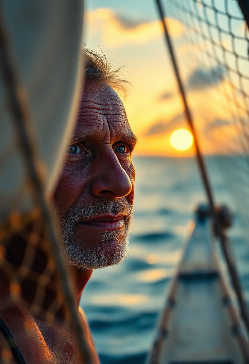 AI generated art for prompt: A portrait photograph, captured with a film camera, depicts a weathered fisherman with sun-kissed sk