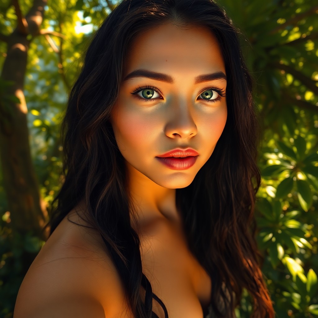 AI generated art for prompt: Capture the ethereal beauty of a serene Polynesian woman. She has translucent skin, luminous green e