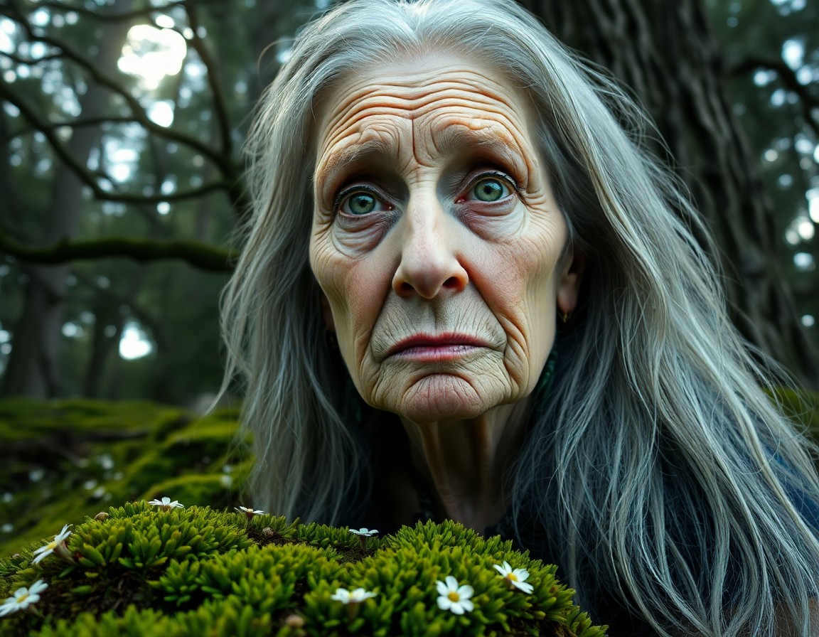 AI generated art for prompt: A photorealistic portrait of an aged crone with weathered skin and vivid green eyes, illuminated by 