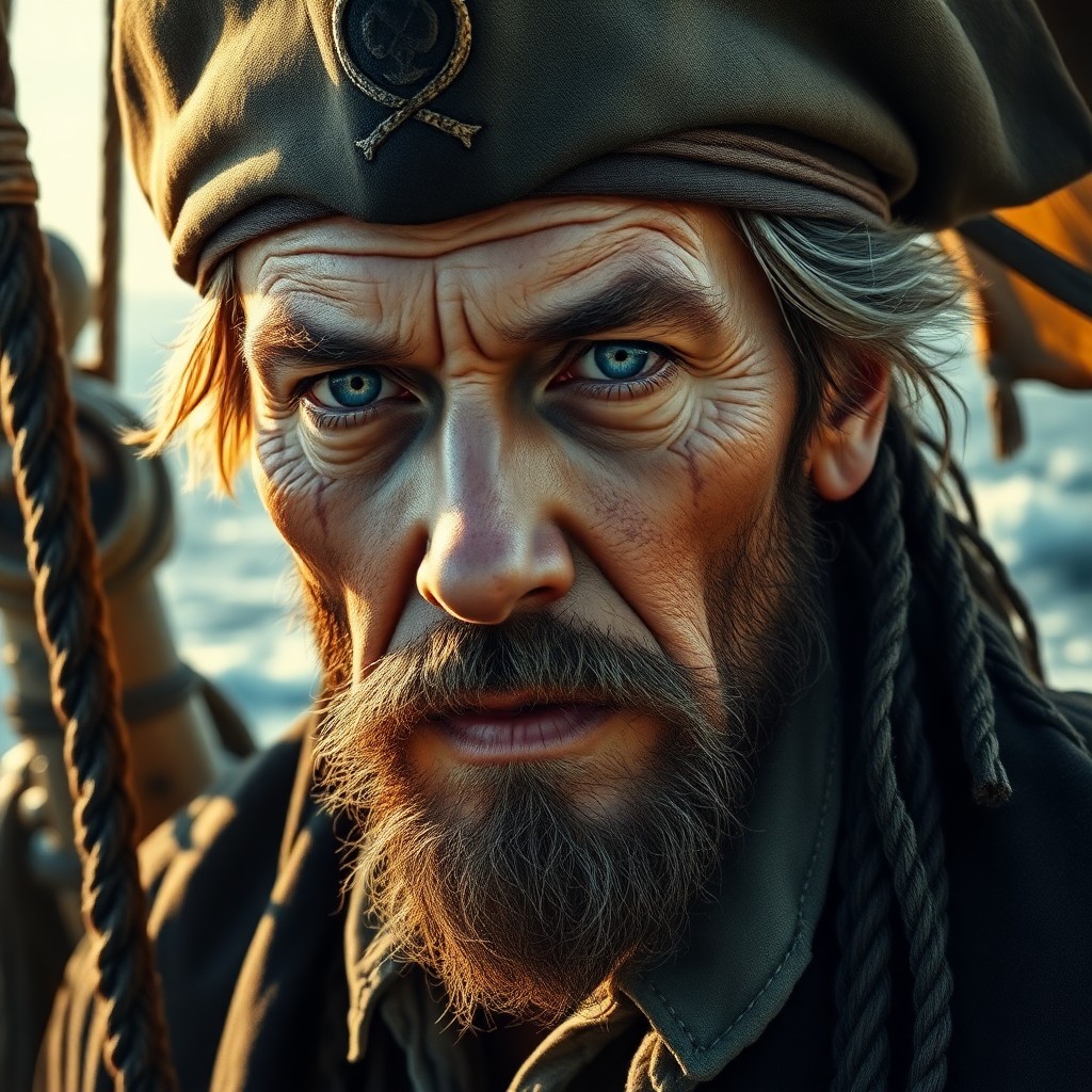 AI generated art for prompt: Capture the essence of an experienced pirate, his rugged and weathered face bearing the scars of nav