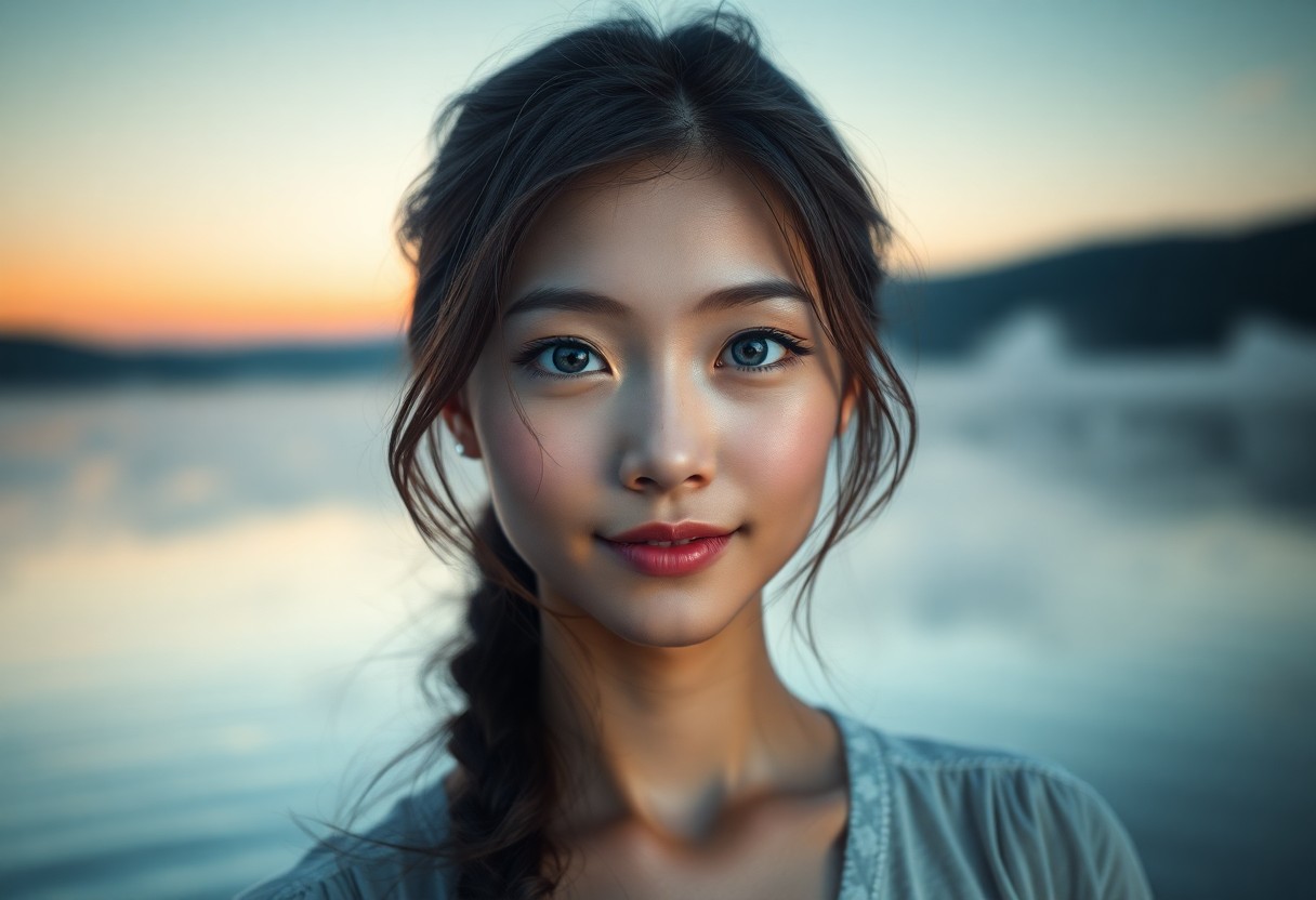 AI generated art for prompt: Render an ultra-realistic portrait of a young East Asian woman with captivating blue eyes, exuding b