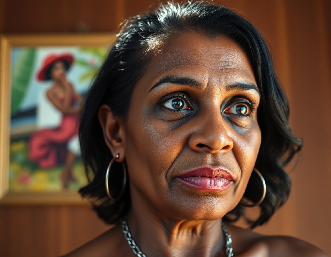 AI generated art for prompt: A photorealistic portrait of a middle-aged Melanesian woman, captured on an iPhone, captivates with 