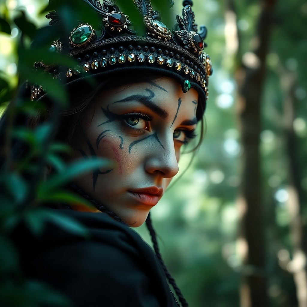 AI generated art for prompt: A captivating superrealistic portrait of an enigmatic sorceress stands at the mystical forest's edge