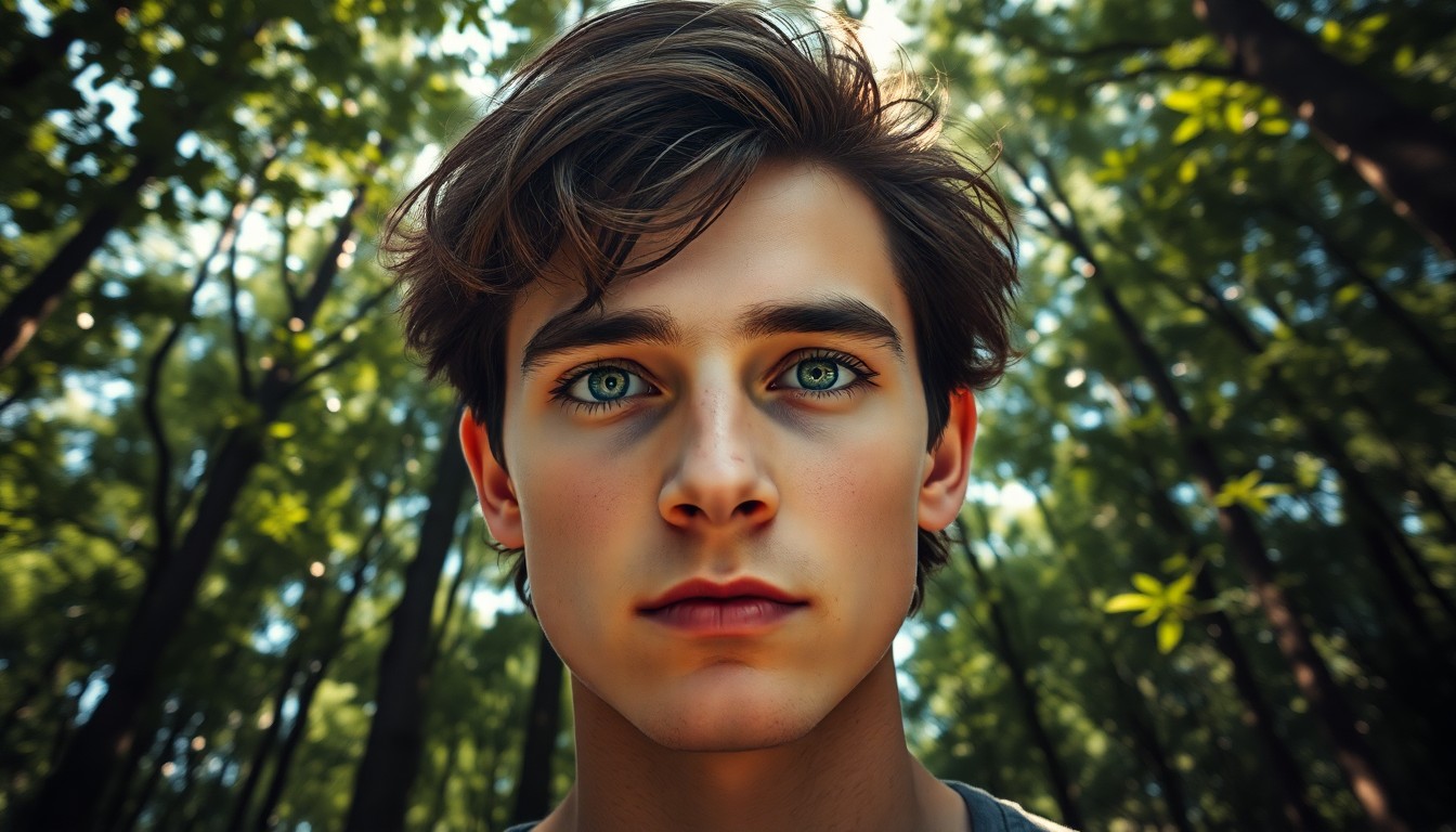 AI generated art for prompt: A hyperrealistic portrait of a young Eastern European man with serene green eyes stands out against 