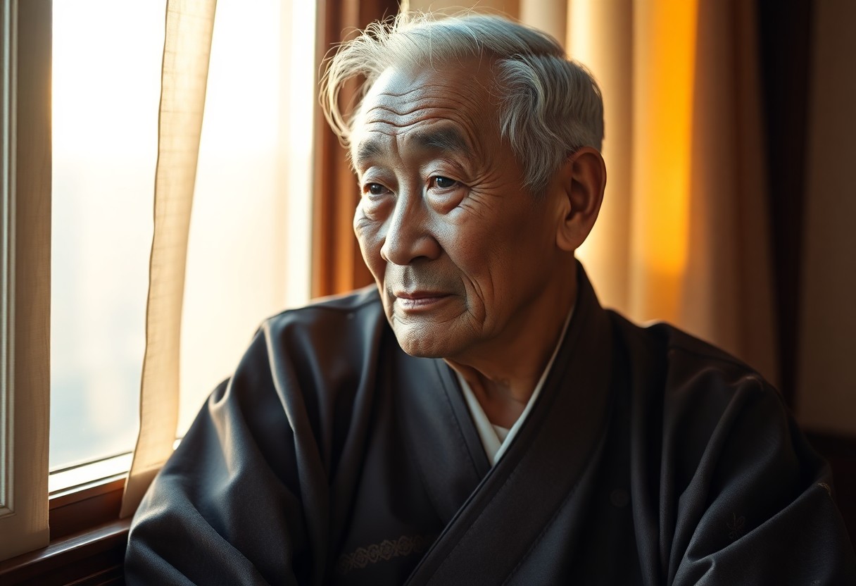 AI generated art for prompt: Create a photorealistic portrait of an elderly man with Japanese and Middle Eastern features. His ki