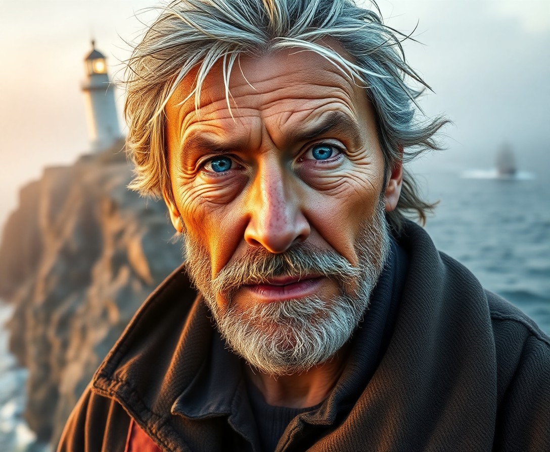 AI generated art for prompt: Create an ultrarealistic portrait of a rugged lighthouse keeper. He has kind blue eyes and windswept