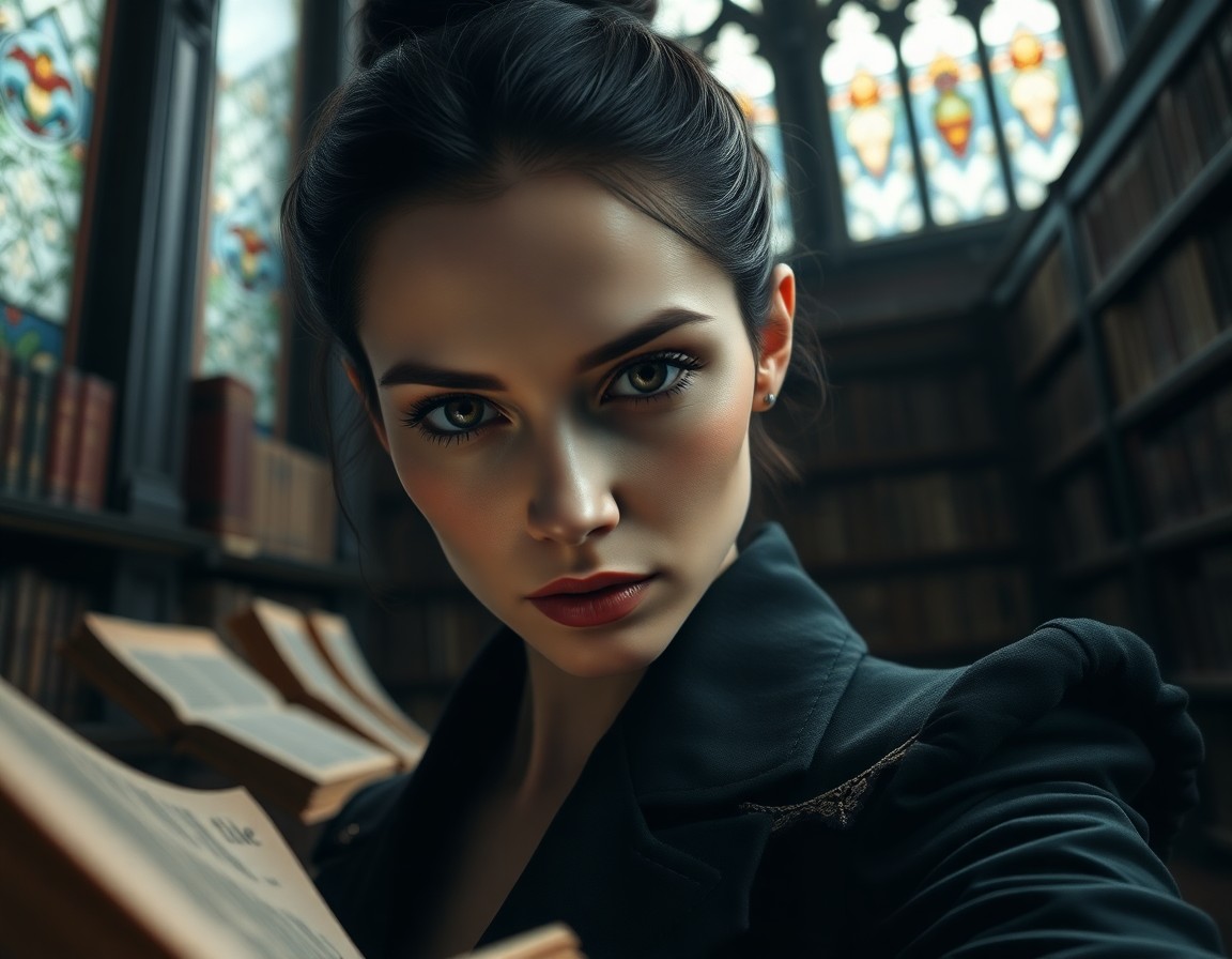 AI generated art for prompt: A hyperrealistic portrait depicts an enigmatic female archivist with sharp features and raven hair t