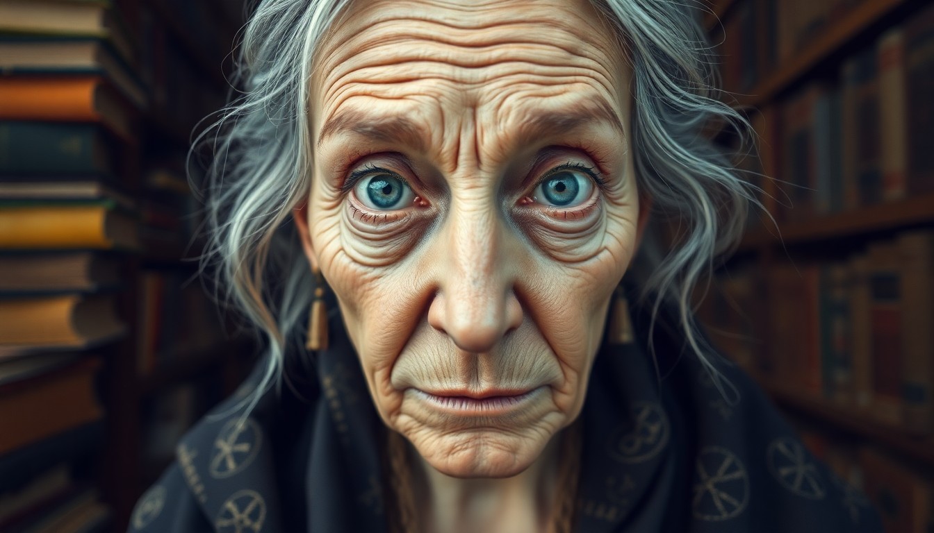 AI generated art for prompt: Create a hyperrealistic portrait of an enigmatic, aged mystic, her eyes holding both wisdom and secr