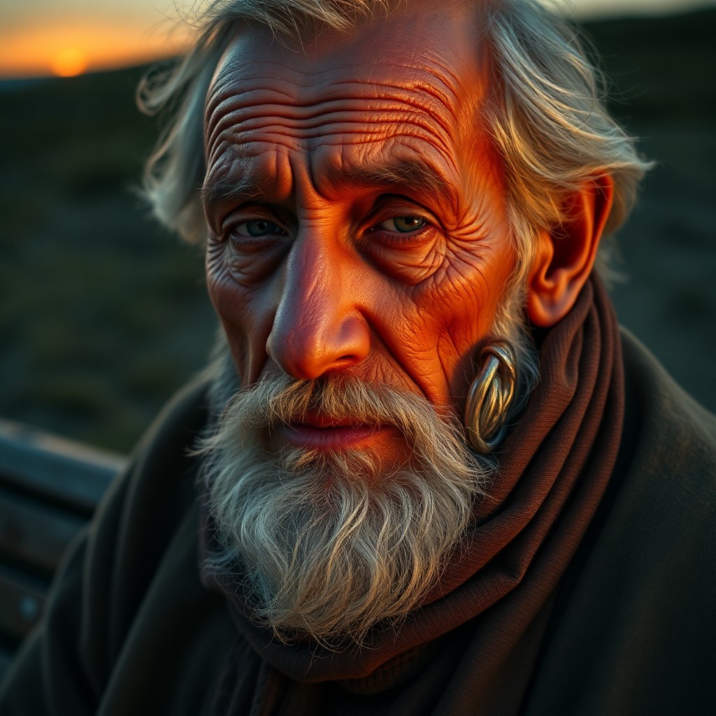 AI generated art for prompt: A highly detailed, super-realistic portrait of an old-time traveler, his face etched with the wisdom