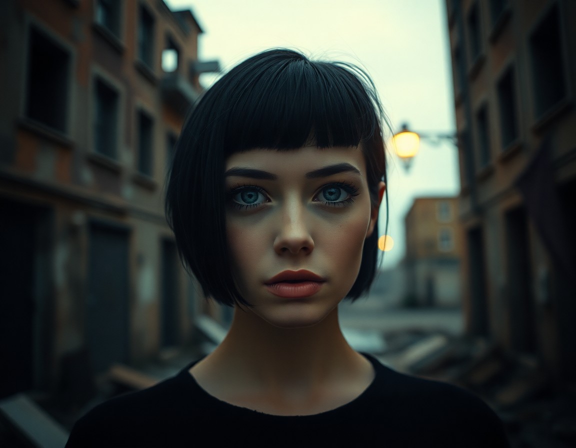 AI generated art for prompt: A portrait photograph captures an enigmatic Nordic woman with a short, jet-black bob, hazy blue eyes