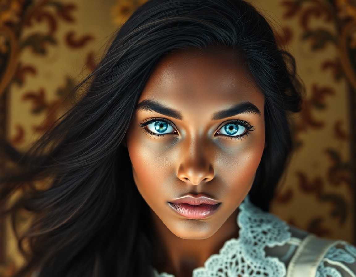 AI generated art for prompt: Create a hyper-realistic portrait of a Sub-Saharan African woman with captivating blue eyes and flow