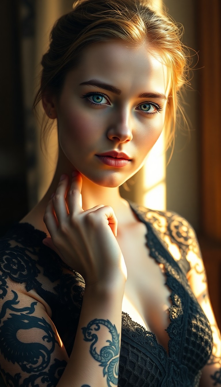 AI generated art for prompt: A hyperrealistic portrait captures the enchanting beauty of a young Western European woman. Her tran