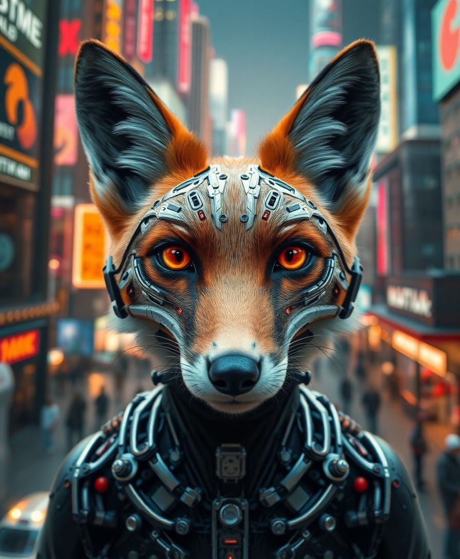 AI generated art for prompt: Craft a photorealistic portrait with an intriguing twist - a cybernetic fox viewed from its own pers