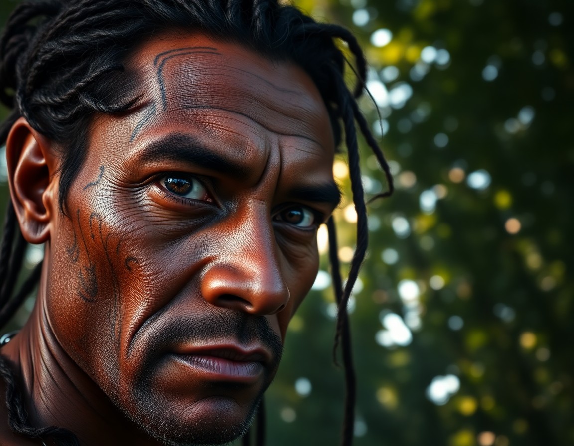 AI generated art for prompt: A close-up portrait of a 45-year-old Maori Melanesian man, his face adorned with intricate tribal ta