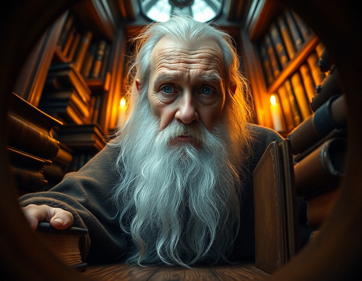 AI generated art for prompt: Capture a portrait of a distressed, wise old wizard. He has shy blue eyes and a long, flowing white 