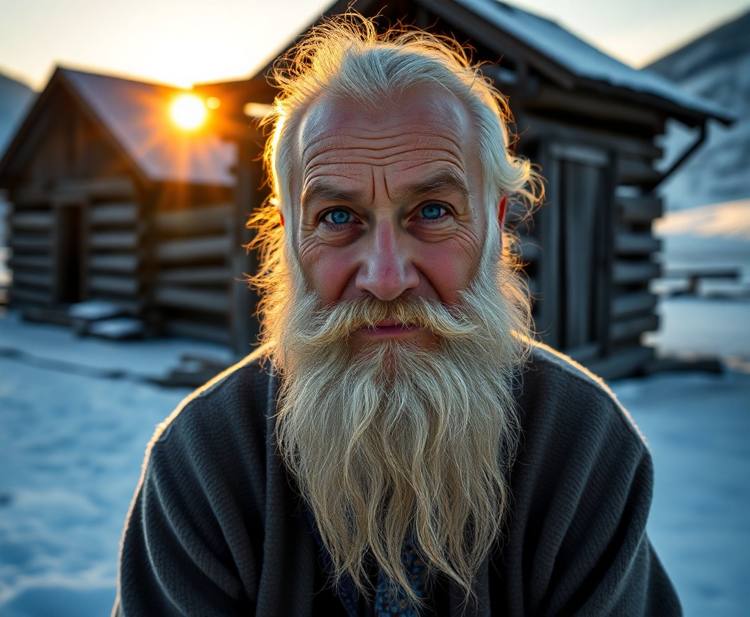 AI generated art for prompt: Create a superrealistic portrait of an ancient yet wise-looking Central Asian man with wistful blue 