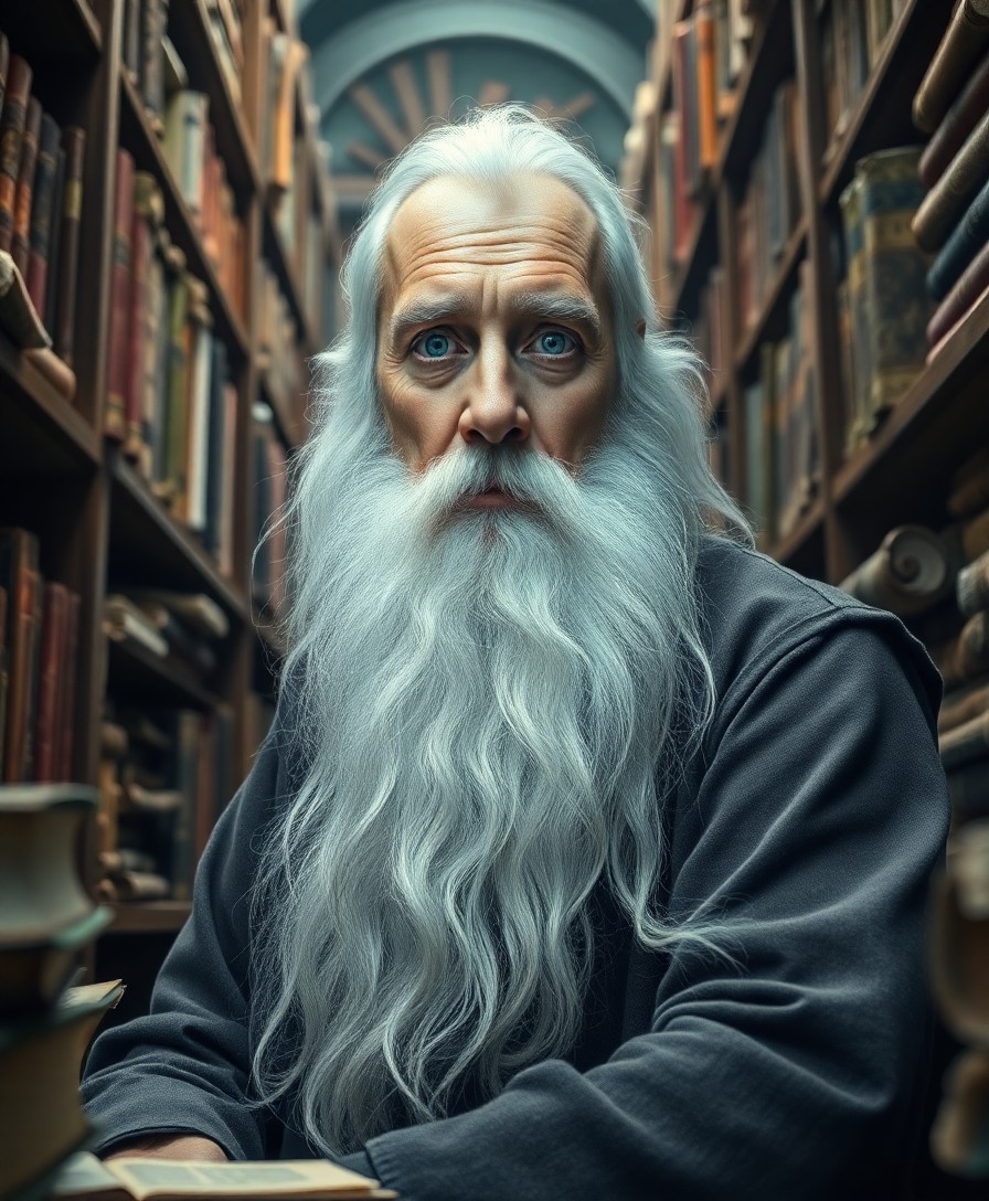 AI generated art for prompt: Craft a portrait photograph of an aged wizard with piercing blue eyes and a flowing white beard, exu