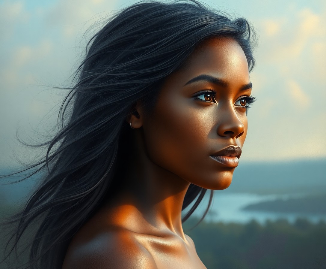 AI generated art for prompt: Imagine a portrait photograph capturing the enchanting visage of a Caribbean woman with long, flowin