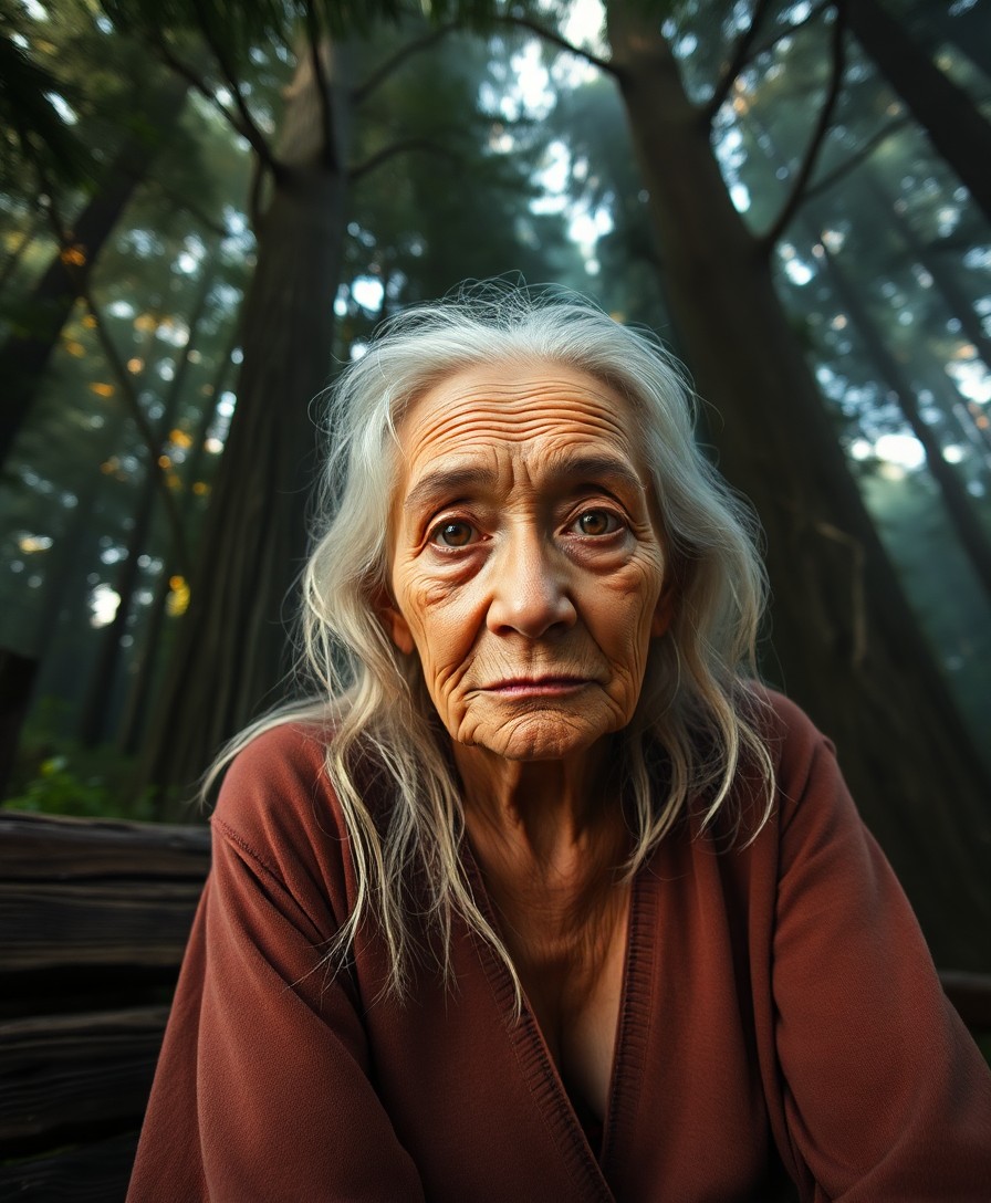 AI generated art for prompt: Envision a hyperrealistic portrait of an introspective elderly Pacific Islander woman with warm, haz