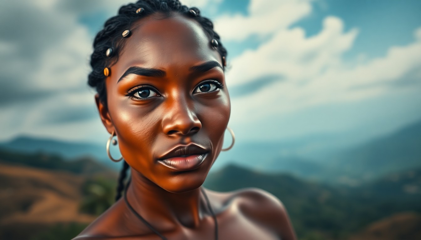 AI generated art for prompt: A captivating ultrarealistic portrait of a woman of Ethiopian and Polynesian heritage emerges. She h