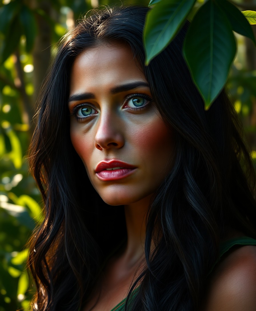 AI generated art for prompt: Create a hyperrealistic portrait of an enigmatic Amazonian woman with serene green eyes and raven ha