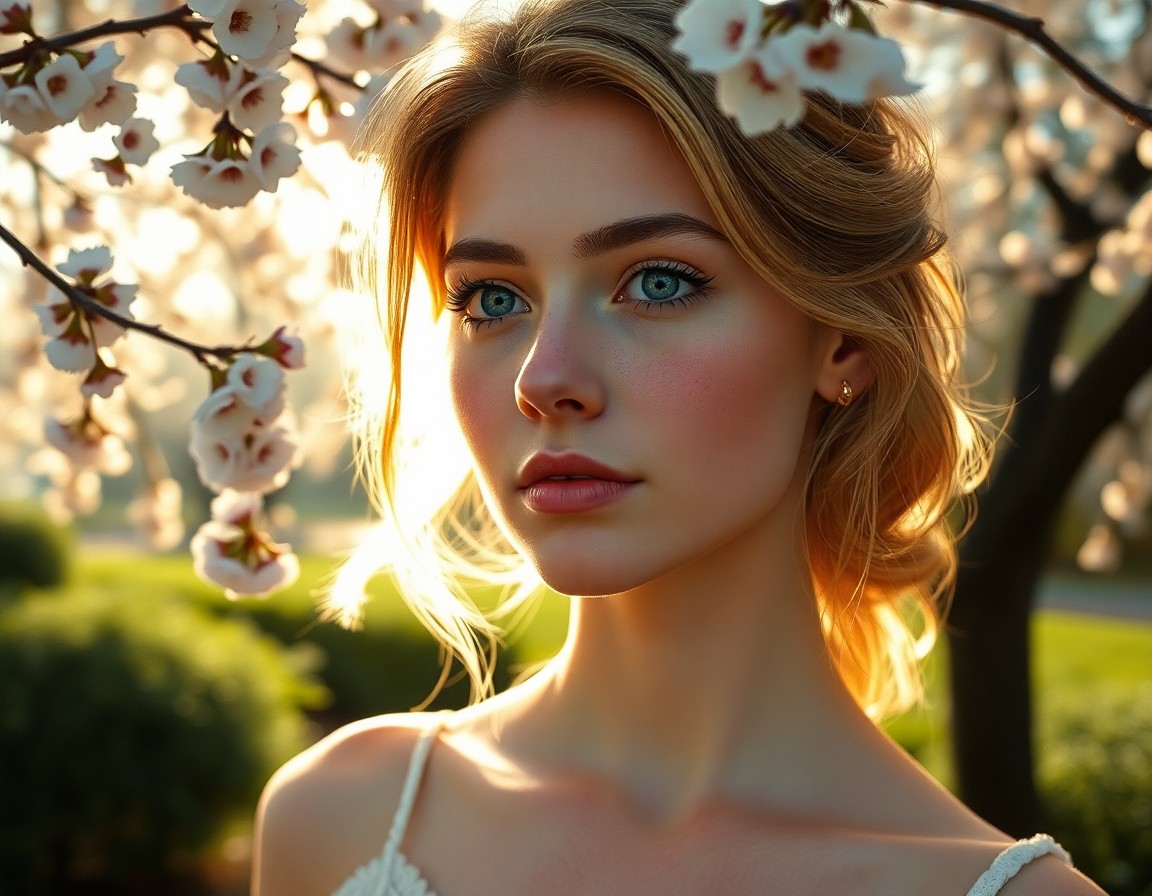 AI generated art for prompt: Create an ultra-realistic portrait of a young Caucasian woman with hazy green eyes, sun-kissed hair,