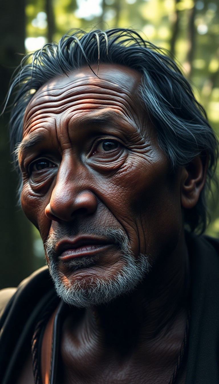 AI generated art for prompt: Envision a captivating hyperrealistic portrait of an aged yet perceptive Native American man with pr